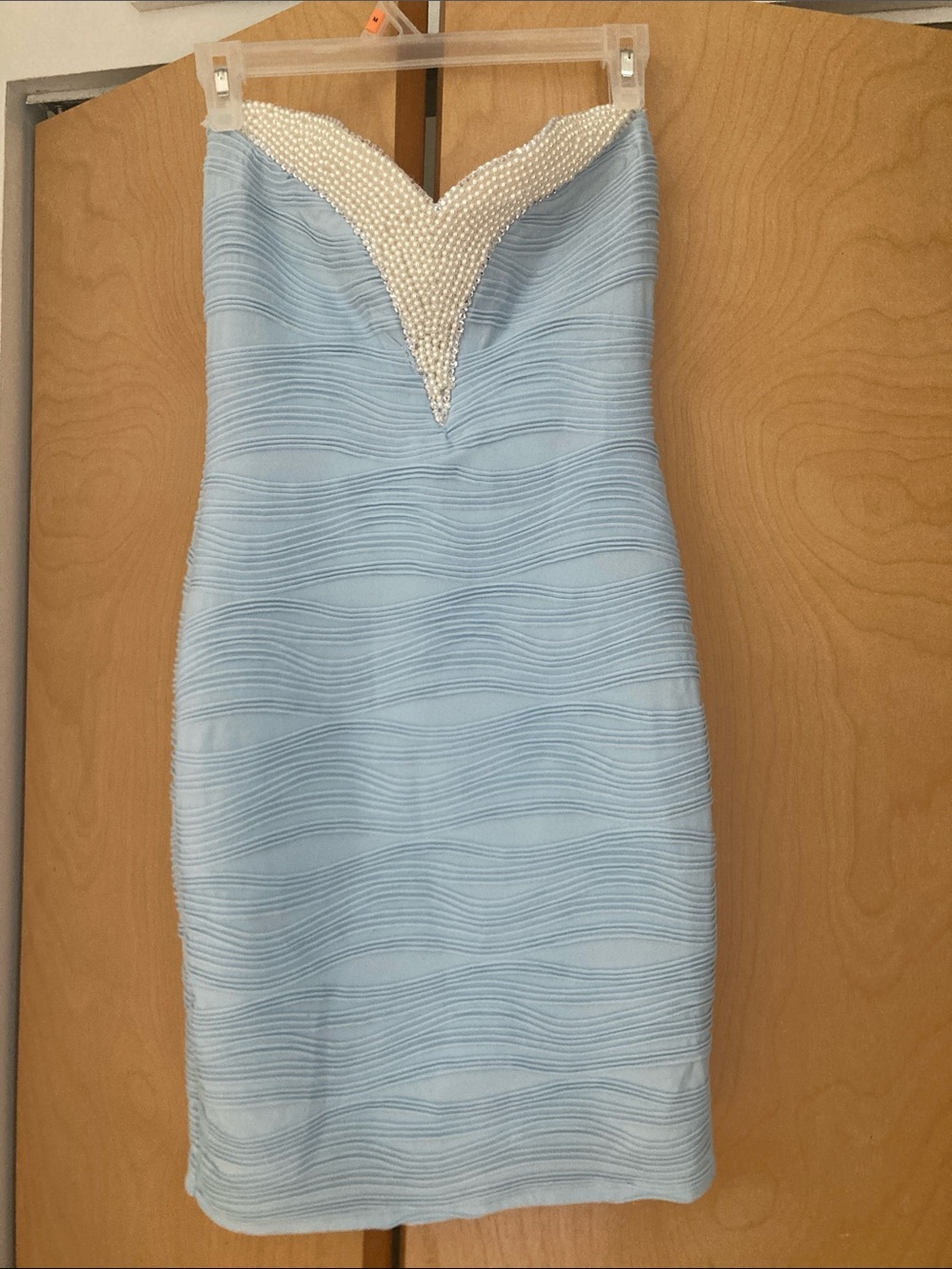 charlotte russe baby blue ruched dress with pearl neckline